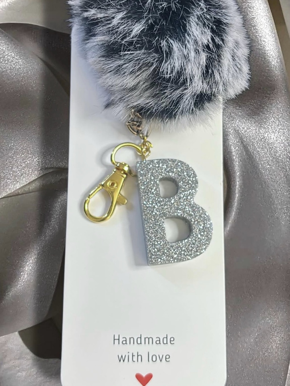 Glitter 'B' Pom Pom Key & Card Holder - Gray Faux Fur